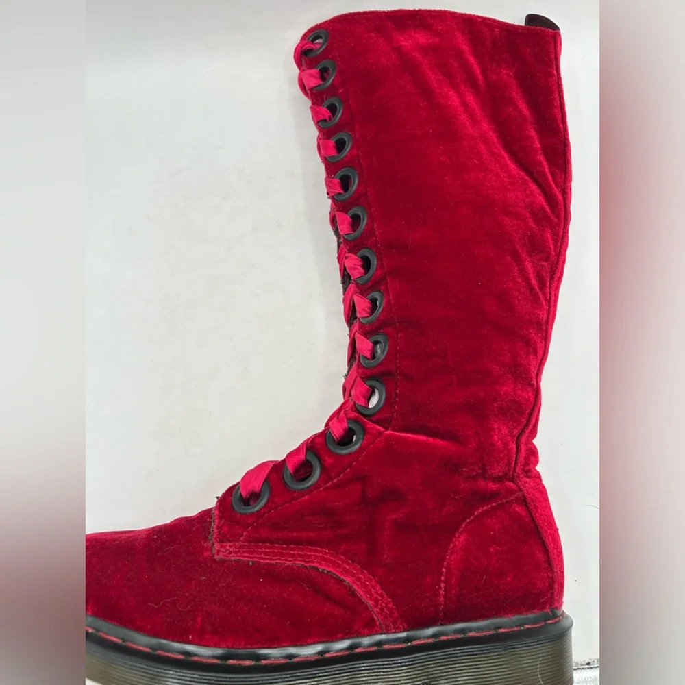 RARE Dr Martens red velvet  20 eye tall knee high zip Combat boots Men10 Women11 - Picture 12 of 16
